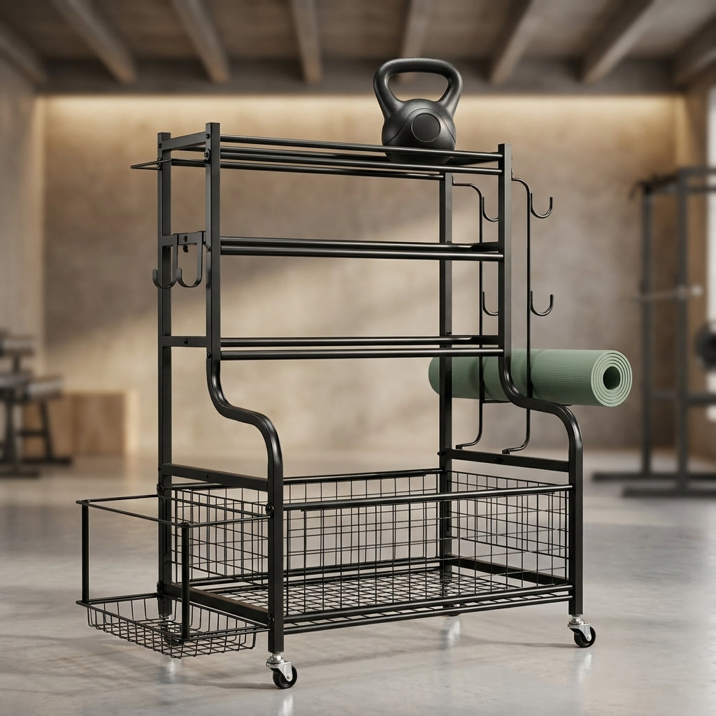 350 Lbs. Weight Rack Capacity Sports Storage Rack Organization for Dumbbells Kettlebells Yoga Mat and Balls — Studio Shot